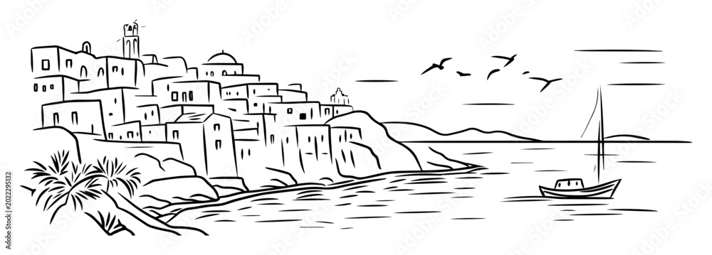 Fototapeta premium mediterranean village coast sketch vector