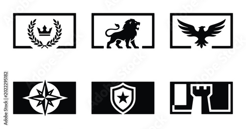 Fotografía Monochromatic Emblem Icons Set: Crown, Lion, Eagle, Compass, Shield, Castle for
