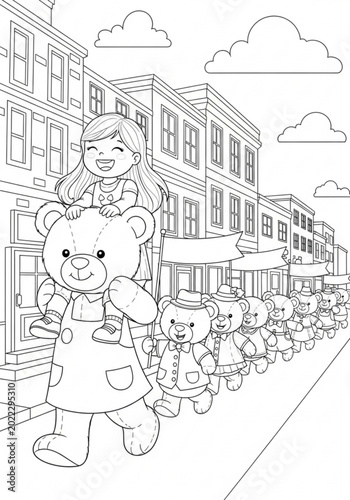 A teddy bear parade through the city streets in honor of a girl's birthday. Coloring page