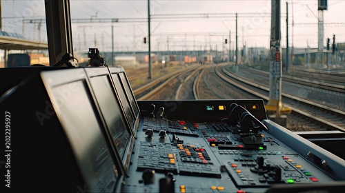 Train driver's instrument panel and controls overseeing railway tracks curving into the distance, with overhead catenary lines and signaling infrastructure visible at dusk