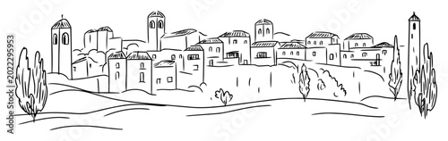 Schilderij op canvas medieval hilltop village tuscany italy sketch
