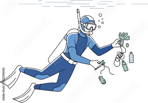 Scuba diver collecting ocean trash, underwater pollution