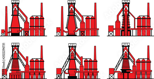 Photos Collection of blast furnace diagrams detailed industrial plant schematics in red