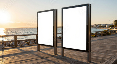 Blank billboard mockup on seaside promenade, two vertical white poster displays at sunset, outdoor advertising banners on wooden boardwalk