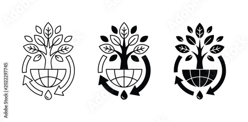 Photos Eco-friendly icons: Tree growing from globe with recycling arrows and water drop