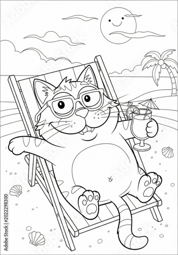 Cat on a seaside vacation coloring page