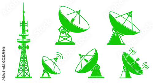 Konstfotografi Communication Tower and Satellite Dishes Vector Icons Set