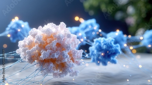 Microscopic View of Protein Structures with Colorful Molecular Forms and Abstract Background