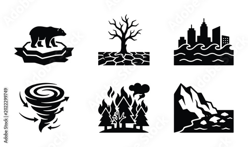 Cuadro en lienzo Climate Change Icons Set: Global Warming, Drought, Flooding, Tornado, Wildfire,