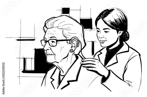 Bild auf Leinwand Caring Nurse Assisting Elderly Woman Patient In Senior Care Black And White Vect