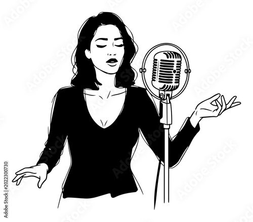 Photography Female jazz singer at vintage microphone black and white vector illustration