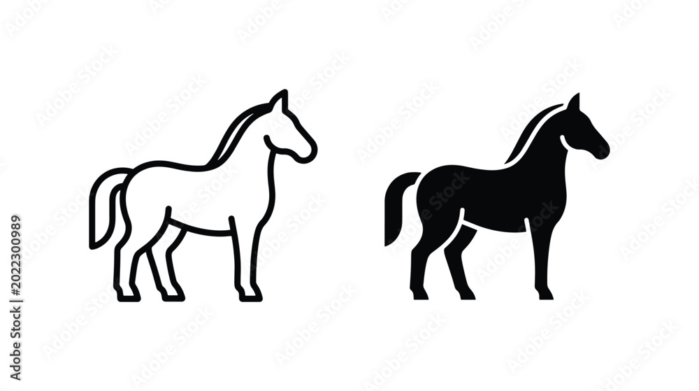 Fototapeta premium Elegant Horse Icons, Vector Silhouettes, Equine Animal Graphics, Black and White Horse Symbols for Equestrian and Farm Themes