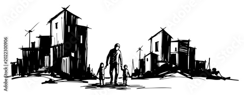 Schilderij op canvas Refugees Walking Through Destroyed Town War Ruins Black And White Vector Illustr