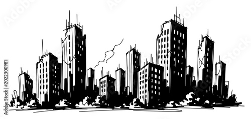 Tableau sur toile Damaged City Skyline With Cracked Highrise Buildings Post War Disaster Black And
