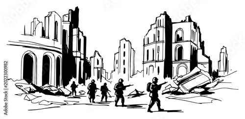 Bild auf Leinwand Soldiers Patrolling War Ruins In Destroyed City Urban Conflict Black And White V