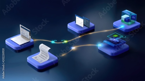 Digital Workflow Management Concept with Interconnected Devices and Data Visualization Elements