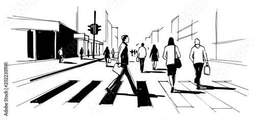 Tableau sur toile Pedestrians crossing city crosswalk urban street scene black and white vector il