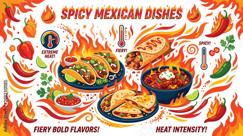 Foto Fiery Mexican dishes vector layout template featuring extra spicy traditional ta