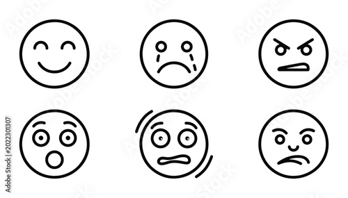 Canvas-taulu Set of 6 Simple Line Art Emoticon Icons, Expressing Diverse Emotions: Joy, Sadne