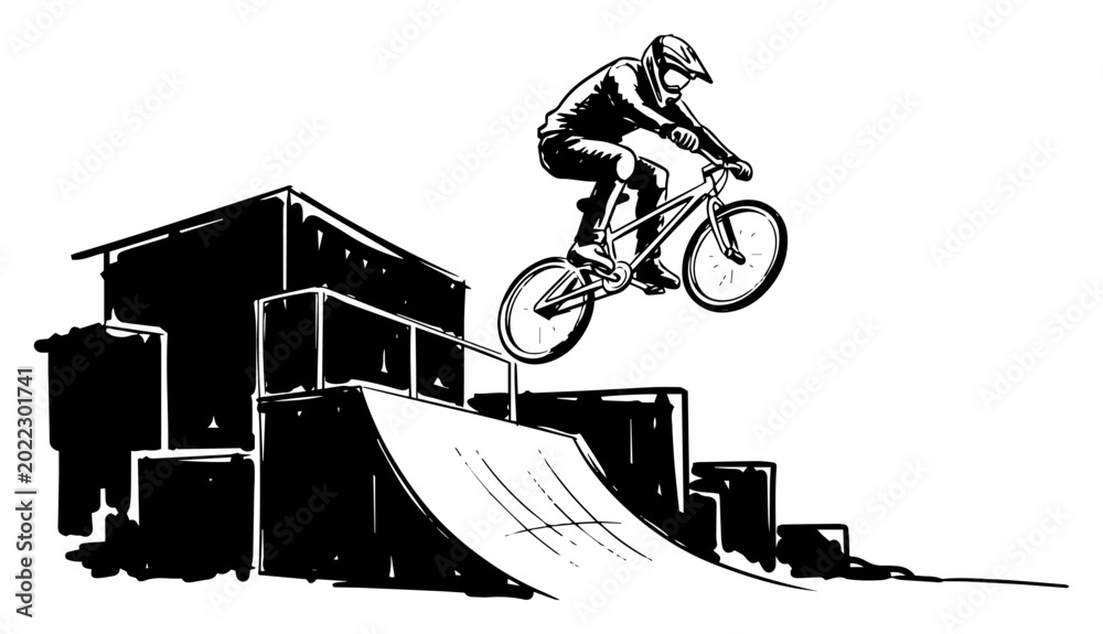 Fototapeta premium BMX Rider Jumping Off Ramp Extreme Urban Stunt Cycling Black And White Vector Illustration