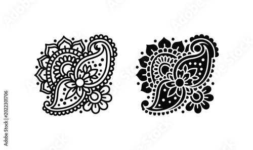 Cuadro en lienzo Intricate Paisley Henna Tattoo Designs, Black and White Decorative Floral Elemen