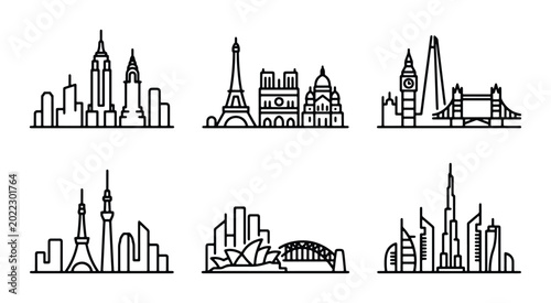 Tableau sur toile Iconic City Skylines Vector Collection: Global Landmarks, Urban Architecture, Tr