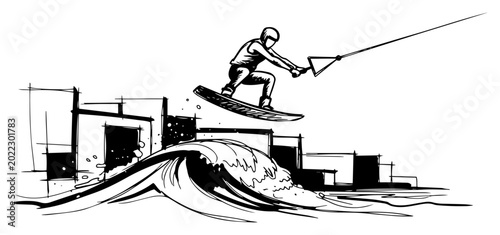 Tableau sur toile Cable Wakeboarder Jumping Wave At Park Black And White Vector Illustration