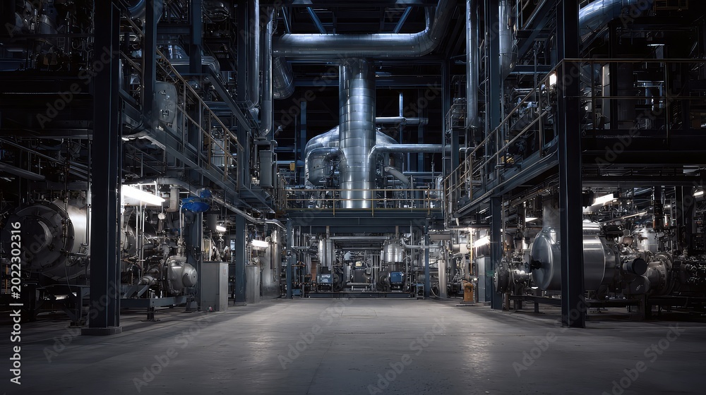 Fototapeta premium Industrial processing plant with dense steel pipes, vessels and machinery forming a complex, heavy duty network representing modern energy, engineering and manufacturing infrastructure