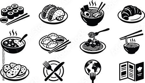 Global restaurant food black glyph icon vector set featuring sushi tacos ramen noodles croissant dumplings spaghetti and menu symbols