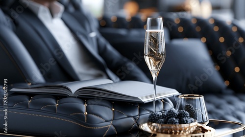 Ein Glas Champagner steht auf einem Luxus-Ledersofa neben einem aufgeschlagenen Buch und einer Schale mit Weintrauben.