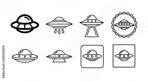Set of UFO icons with diverse line art styles for space themes