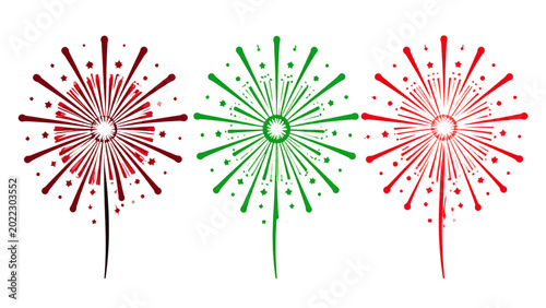 fiesta fireworks icons three explosion silhouettes with spark rays one flat solid monochrome one thin black outline black and white one full color flat icon red and green