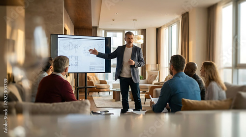A business professional presents a strategy on a large screen to a group of colleagues in a modern meeting room, fostering collaboration and discussion