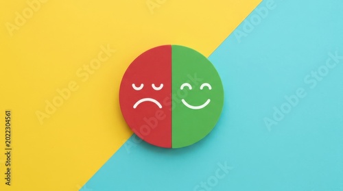 A split face icon shows contrasting emotions on colorful background
