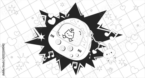Cute Y2K virtual pet device lo fi line illustration. 2000s digital toy with pixel cat and music. Kawaii gadget with charm. Black and white LoFi aesthetic wallpaper. Flat vector outline cartoon art