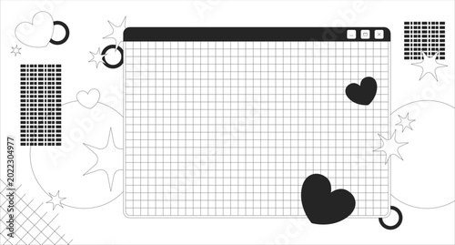 Retro Y2K grid desktop window lo fi line background. Cute 2000s digital UI blank. Kawaii hearts and sparkle empty space. Black and white LoFi aesthetic illustration. Flat vector outline cartoon art