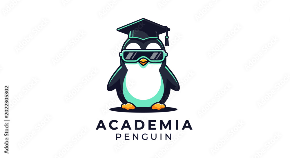 Obraz premium Academia Penguin Graduation Cap and Sunglasses Logo.