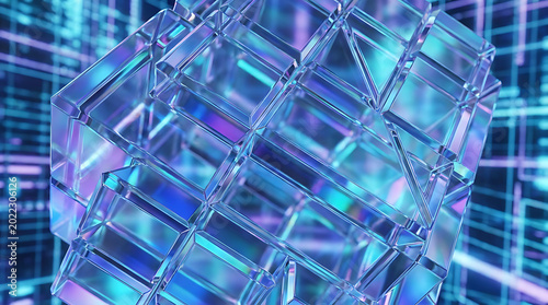 Abstract 3D geometric cube illuminated with vibrant blue and purple light creating a digital art background