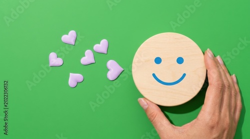 A hand holds a smiling face with hearts on a green background