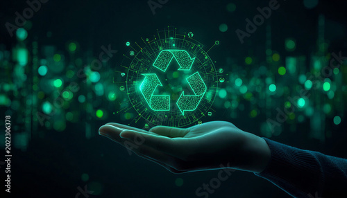 Hand holding holographic green recycling icon for sustainable environment.