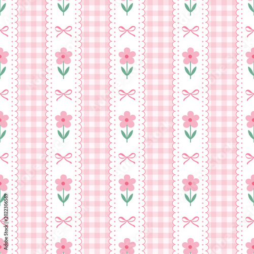 Tablou pe pânză Adorable pink coquette-core seamless pattern featuring dainty flowers and bows on a charming gingham and lace background