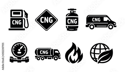 Billede på lærred Compressed natural gas icons representing fuel, vehicles, and environmental bene