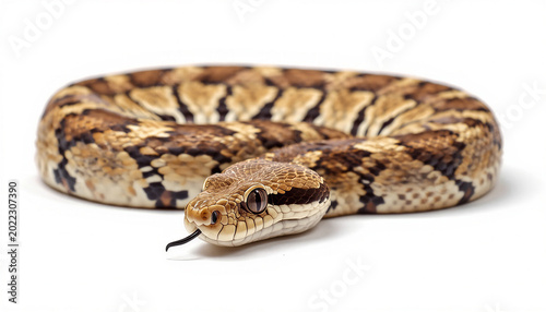Close up view of snake head with body coiled on white background.