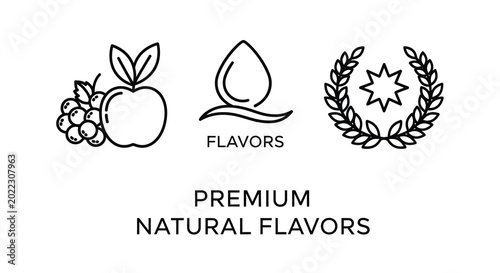 Foto Line art fruit and floral icons with flavors text on white