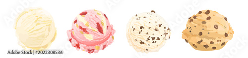 Fotografía Set of cartoon vanilla and strawberry cheesecake ice cream scoop with fruits, chocolate chip and nuts