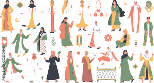 Foto Traditional Muslim people characters collection with Islamic clothing hijab fash