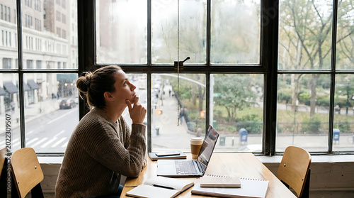 Thoughtful Young Professional Contemplating Career Goals While Working Remotely at a Sunny Urban Cafe Office Desk