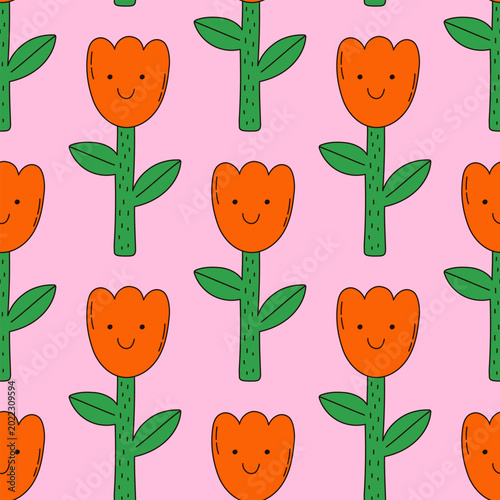 Seamless vector pattern with hand-drawn funny illustration of cute flower. Quirky weird tulips on pink background. Y2k colourful plant wallpaper