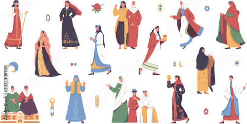 Tableau sur toile Traditional Muslim women characters collection with hijab fashion cultural cloth
