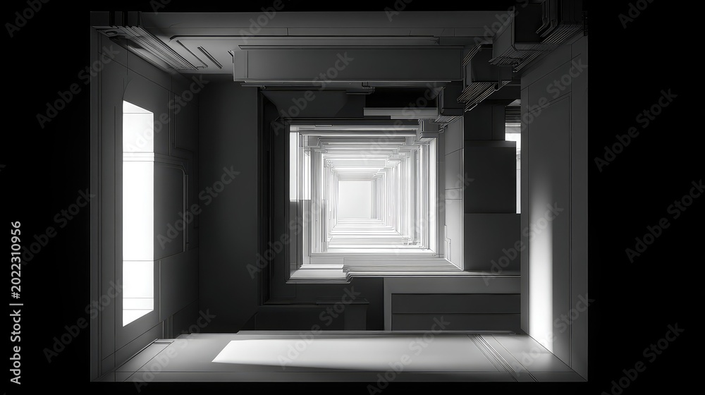 Fototapeta premium Abstract tunnel interior leading to a bright light, creating a sense of infinite progression and advanced technological architecture, ideal for concepts of future, progress, and exploration